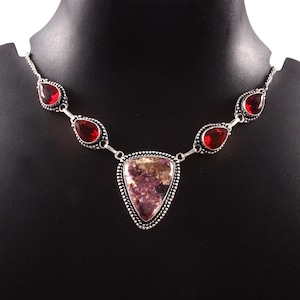 Charoite/Garnet Necklace,Handmade Necklace,Gemstone Necklace,Gift For Her,925 Sterling Silver Necklace,Birthday Gift,Necklace For Women