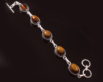 Natural Tiger Eye Bracelet,Yellow Tiger Eye,Handmade Bracelet,Gemstone Bracelet,925 Sterling Silver Bracelet For Men and Women,Gift For Her