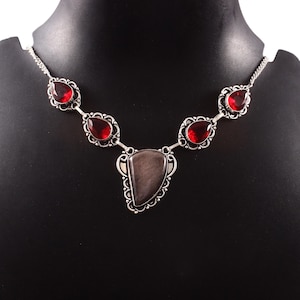 Silver Sheen Obsidian/Garnet Necklace,Handmade Necklace,Gemstone Necklace,Gift For Her,925 Sterling Silver Necklace,Birthday Gift,Necklace