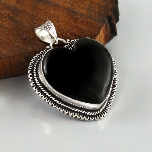 Black Onyx Pendant Onyx Heart Shape Pendant 925 Sterling Silver Pendant Handmade Silver Jewelry  Onyx Silver Pendant For Necklace