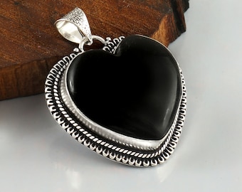 Black Onyx Pendant Onyx Heart Shape Pendant 925 Sterling Silver Pendant Handmade Silver Jewelry  Onyx Silver Pendant For Necklace