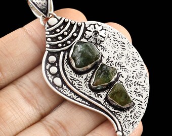 Raw Green Fluorite 925 Sterling Silver Pendant, Handmade