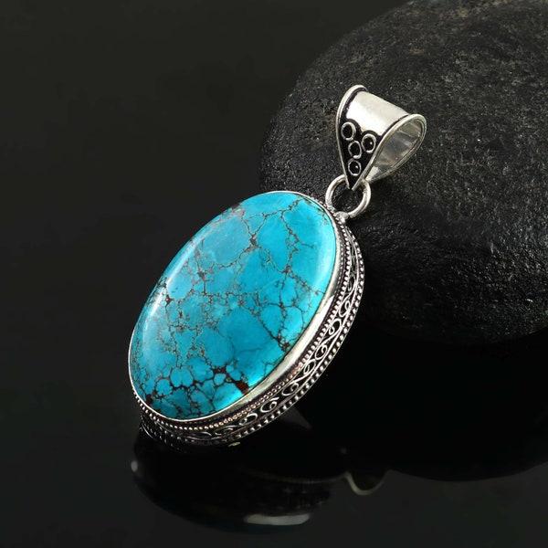 Tibetan Turquoise Pendant  925 Sterling Silver Pendant  Tibetan Turquoise Gemstone Pendant  Handmade Pendant For Women Gift For Her