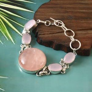 Rose Quartz Bracelet,Handmade Bracelet,Pink Gemstone Bracelet,925 Sterling Silver,Adjustable Bracelet Gift For Her/Him,Pink Rose Quartz
