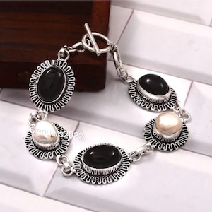 Black Onyx,Pearl Bracelet,Handmade Bracelet,Gemstone Bracelet,925 Sterling Silver Bracelet,Gift For Her/Him,Anniversary Gift,Christmas Gift