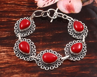 Coral Bracelet  Natural Coral Bracelet  Handmade Bracelet  Gemstone Bracelet  925 Sterling Silver Bracelet  Gift For Her / Him