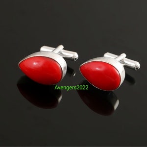 Red Coral Gemstone Cufflinks,Wedding Cufflinks,925 Sterling Silver Jewelry, Handmade Men&#39;s Cufflinks,Gift For Love/Father,Shirt Cufflinks