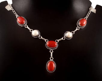 Collar de coral rojo y perla, hecho a mano, con piedras preciosas, de plata de ley 925, ideal para ella, para mujer, de aniversario.
