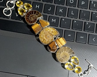 Fósil de amonita/ojo de tigre áspero/pulsera citrina, pulsera de piedras preciosas, pulsera de piedras preciosas múltiples, regalo para hombres, regalo de boda, regalo de aniversario