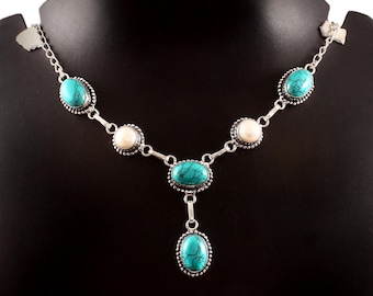 Blue Turquoise/Pearl Necklace,Handmade Necklace,Gemstone Necklace,925 Sterling Silver Necklace,Gift For Her,Women Necklace,Anniversary Gift