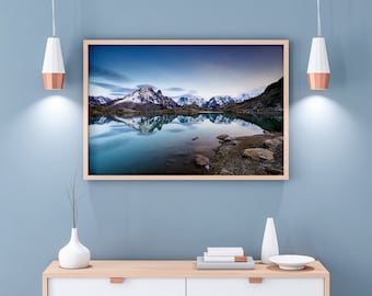 Photographie de paysage sur le massif du Mont Blanc depuis le lac Blanc dans les Aiguilles Rouges au dessus de Chamonix