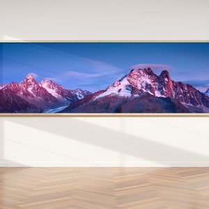 Panoramic photograph of the Mont Blanc massif from Lac Blanc in the Aiguilles Rouges above Chamonix
