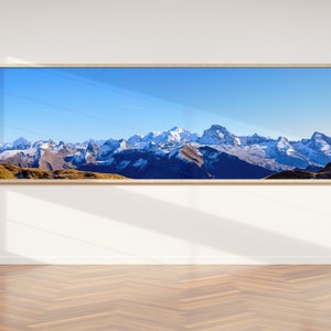 Panoramic photograph of the Mont Blanc massif and the Aravis range above Annecy from Le Grand Bornand