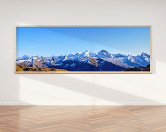 Panoramic photograph of the Mont Blanc massif and the Aravis range above Annecy from Le Grand Bornand