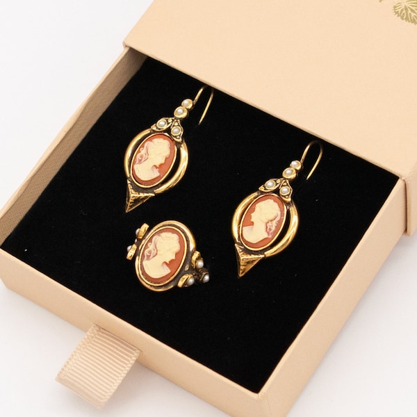 Boucles d’oreilles et bague en or camée en terre cuite | Bijoux vintage faits à la main Art Nouveau Victorien Art Déco Cameo Bijoux Set Matching Gift