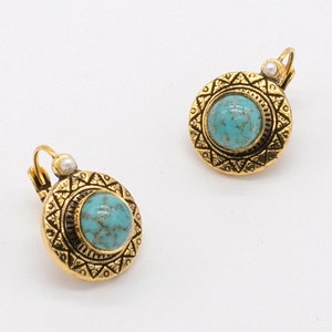 Turquoise Blue Gold Earrings | Ortica Handmade Vintage Jewelry | Made in Italy | Round Mediterranean Victorian Art Deco Nouveau Renaissance