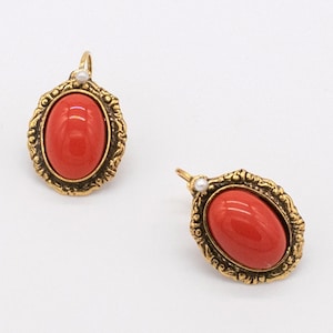 Coral Red Gold Earrings | Ortica Handmade Vintage Jewelry | Made in Italy | Oval Mediterranean Victorian Art Deco Art Nouveau Renaissance