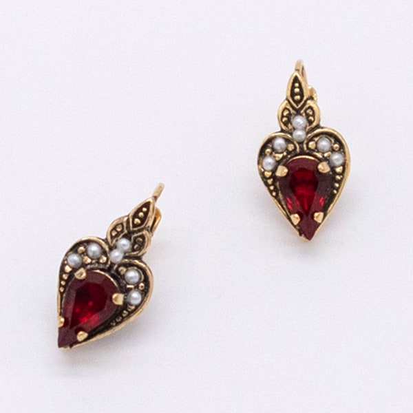 Ruby Red Gold Earrings | Ortica Handmade Vintage Jewelry | Made in Italy | Heart Victorian Art Deco Art Nouveau Renaissance Romantic Gift