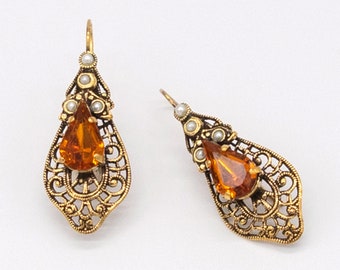 Topaz Drop Gold Earrings | Ortica Handmade Vintage Jewelry | Made in Italy | Lace Victorian Art Deco Art Nouveau Renaissance Gift