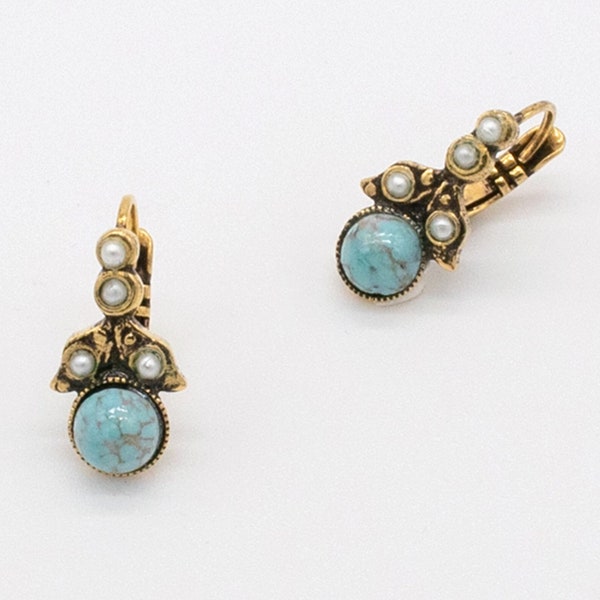 Turquoise Blue Gold Earrings | Ortica Handmade Vintage Jewelry | Made in Italy | Leafed Mediterranean Victorian Art Deco Nouveau Renaissance