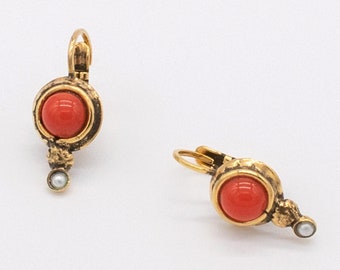 Pendientes de oro rojo coral / Joyería vintage hecha a mano Ortica / Hecho en Italia / Oval Mediterráneo Victoriano Art Déco Art Nouveau Renacimiento