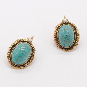Turquoise Blue Gold Earrings | Ortica Handmade Vintage Jewelry | Made in Italy | Oval Mediterranean Victorian Art Deco Nouveau Renaissance