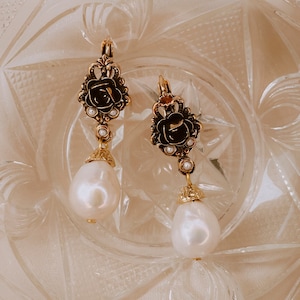 Floral Gold Baroque Pearl Rose Earrings | Ortica Handmade Vintage Jewelry | Made in Italy | Rose Victorian Art Deco Nouveau Renaissance