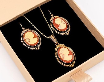 Terracotta Cameo Gold Earrings & Necklace Set | Ortica Handmade Vintage Jewelry | Made in Italy | Art Nouveau Victorian Art Deco Renaissance