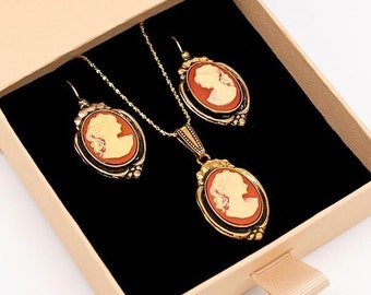 Pendientes de oro Cameo de terracota y juego de collares / Ortica joyería vintage hecha a mano / Hecho en Italia / Art Nouveau Victoriano Art Déco Renacimiento