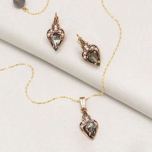 Smokey Grey Gold & Gift Set | Ortica Handmade Vintage Jewelry | Made in Italy | Heart Shaped Necklace Pendant Earrings Ring Victorian Art