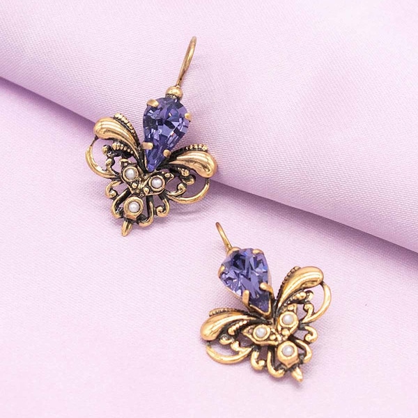 Lavender Blue Gold Earrings | Ortica Handmade Vintage Jewelry | Made in Italy | Floral Amethyst Art Nouveau Victorian Art Deco Renaissance