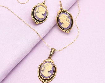 Lavender Cameo Gold Earrings & Necklace Set | Ortica Handmade Vintage Jewelry | Made in Italy | Art Nouveau Victorian Art Deco Renaissance