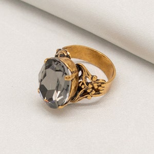 Smokey Crystal Gold Ring | Ortica Handmade Vintage Jewelry | Made in Italy | Large Stone Ring Art Nouveau Victorian Deco Renaissance Gift