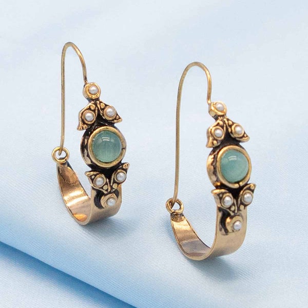 Aqua Blue Gold Earrings | Ortica Handmade Vintage Jewelry | Made in Italy | Hooped Aquamarine Victorian Art Deco Art Nouveau Renaissance