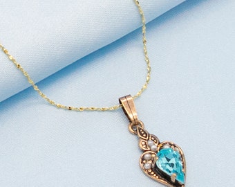 Collier en or bleu aqua | Ortica Bijoux vintage faits à la main | Fabriqué en Italie | Coeur Forme Victorienne Art Déco Art Nouveau Renaissance Romantique