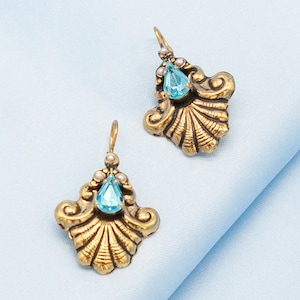 Aqua Blue Gold Earrings | Ortica Handmade Vintage Jewelry | Made in Italy | Floral Aquamarine Victorian Art Deco Art Nouveau Renaissance