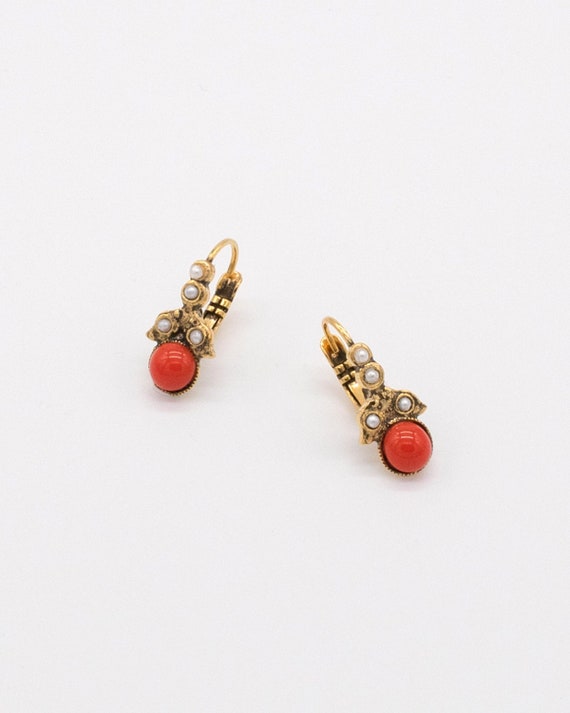 Vintage Art Deco Earrings 14k Gold filigree Carved Coral long Ear - Ruby  Lane