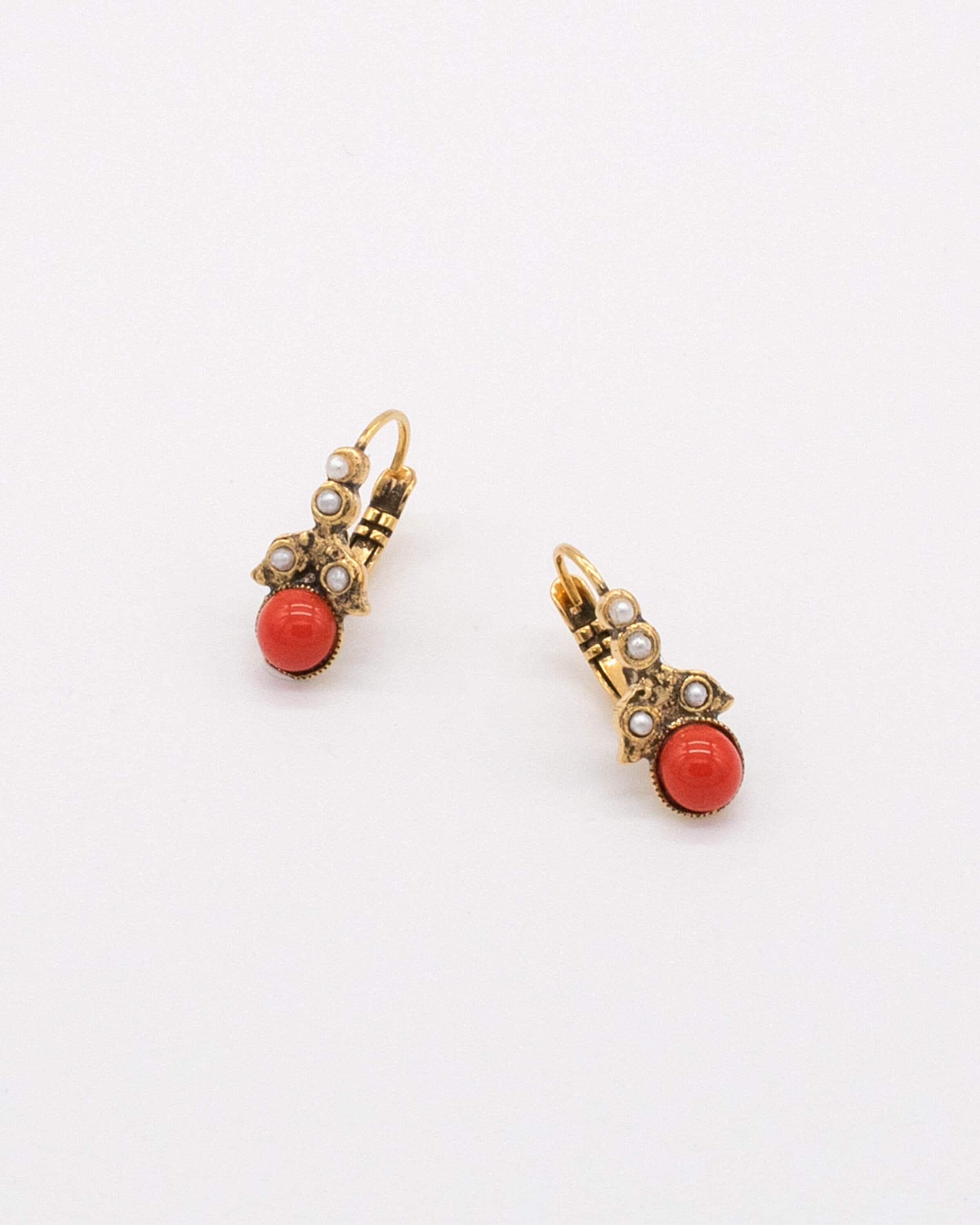 Coral & Diamond Earrings 14K Yellow Gold