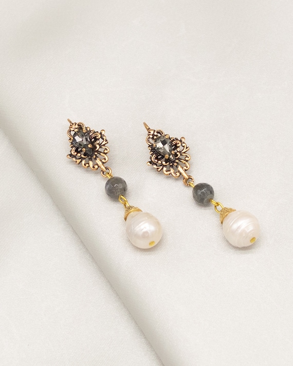 Smokey Grey Gold Earrings Ortica Handmade Vintage Jewelry Made in Italy Labradorite Victorian Art Deco Art Nouveau Renaissance Gift Etsy Ireland