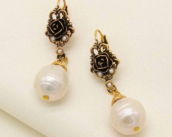 Bridal Gold Baroque Pearl Rose Earrings | Ortica Handmade Vintage Jewelry | Made in Italy | Wedding Victorian Art Deco Nouveau Renaissance