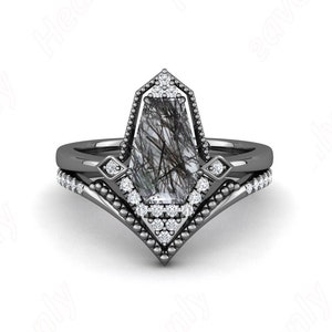 2.50ct AAA black rutile gemstone black rhodium plated 925 silver engagement Wedding bridal rings set coffin art deco stacking rings for her