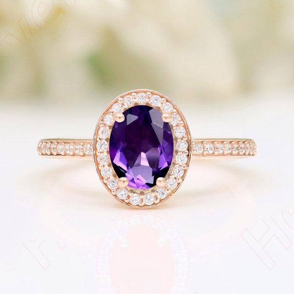 Amethyst Wedding Engagement Bridal Ring Halo Amethyst Moissanite Ring Purple Stone Ring 14K Gold Ring Gift For Her Birthday Gift