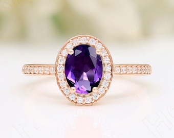 Amethyst Wedding Engagement Bridal Ring Halo Amethyst Moissanite Ring Purple Stone Ring 14K Gold Ring Gift For Her Birthday Gift