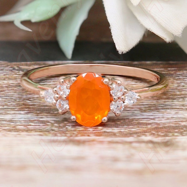 Natural Mexican Fire Opal Vintage Ring, Art Deco Ring, Moissanite Ring, Solitaire Ring, Orange Stone Ring, Oval Shape Ring, Gift For Her.