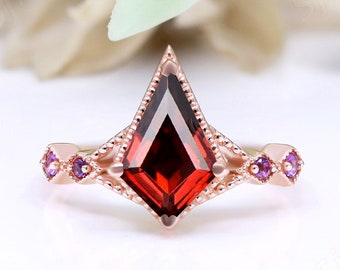 red garnet gemstone 14K rose gold engagement Wedding bridal ring birthstone ring art deco silver rings anniversary gift art deco rings