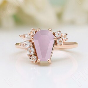Coffin Rose Quartz gemstone 14KT rose gold engagement ring Wedding rings bridal rings set birthstone ring Coffin Rings Set For Her Gift
