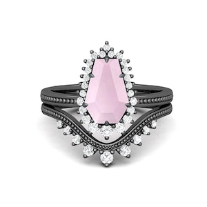 coffin rose quartz gemstone black rhodium plated 925 silver engagement Wedding bridal rings set halo art deco coffin birthday rings for her