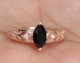 1.30 ct. Black Onyx Engagement Wedding Bridal Ring, Vintage Art Deco Ring, Black Stone Ring, Black Lover Ring, Marquise Shape Ring.