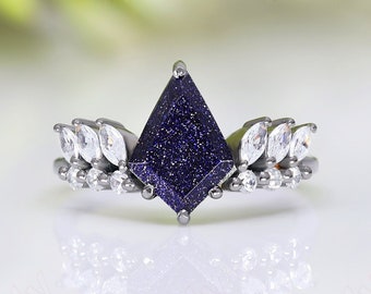 kite AAA blue sandstone gemstone engagement wedding bridal art deco ring anniversary birthday graduation 925 silver gift 14k 18k gold ring