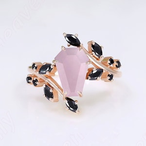 Coffin Rose Quartz gemstone 14KT rose gold engagement ring Wedding rings bridal rings set birthstone ring Statement Promise Ring For Her